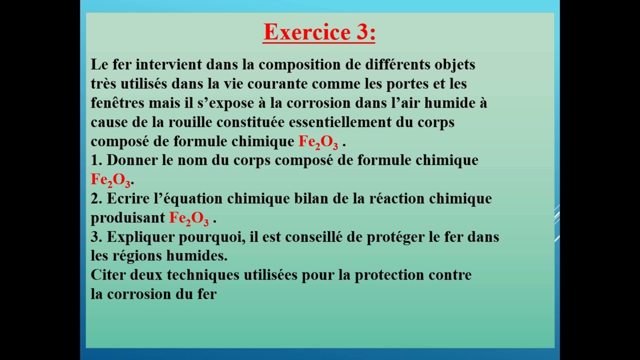 3 année collège : oxydation de quelques métaux dans l'air humide : exercice d'application