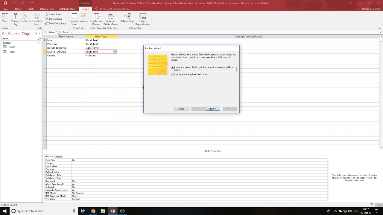 Microsoft Access 2016 - Pravljenje tabele (prva ocena)