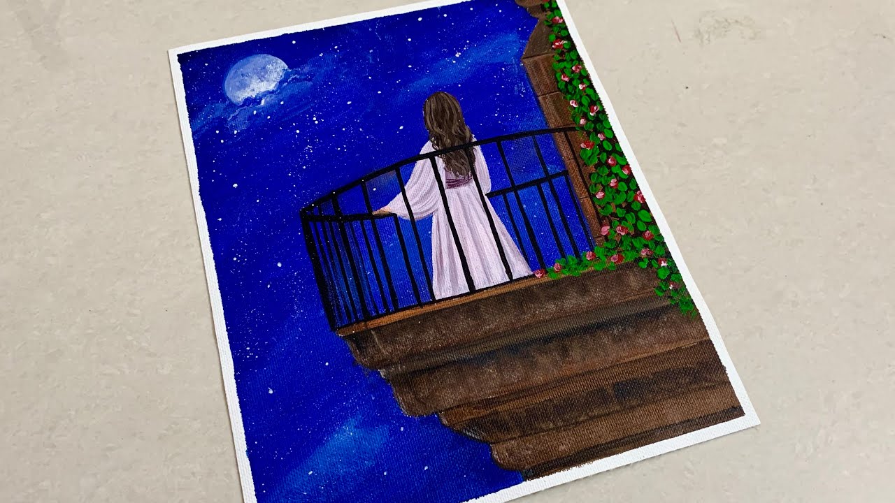 Alone Girl in Balcony Moonlight Painting /Flowers in the balcony Painting /Easy Acrylic Painting