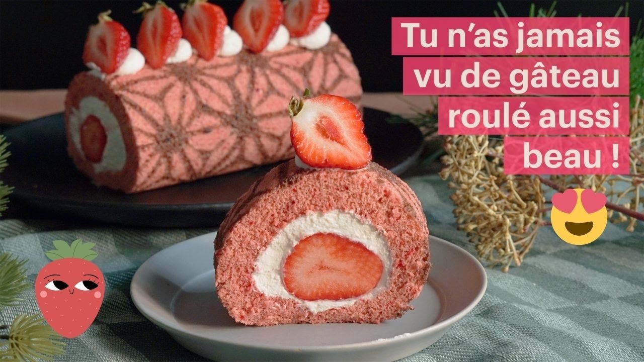 G&acirc;teau roul&eacute; &agrave; la fraise | Biscuit g&eacute;noise &agrave; la fraise | Motif japonais | Cr&egrave;me fouett&eacute;e facile
