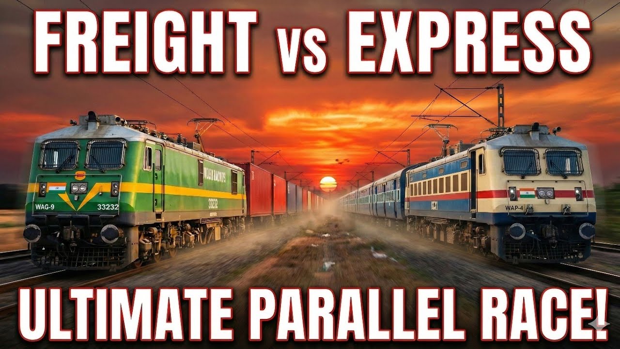 Parallel race between express train and freight train. 