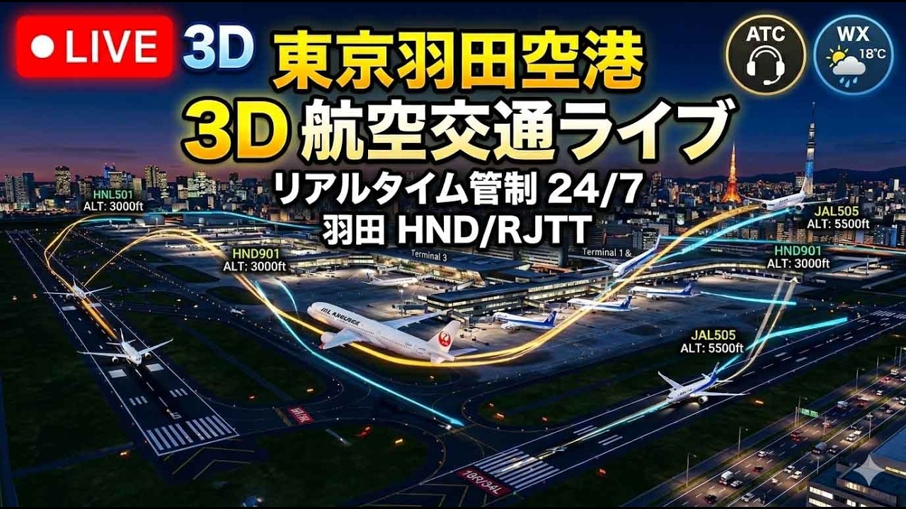LIVE 3D Tokyo Haneda Airport 東京羽田空港(RJTT) ATC + WX(18/3/2026)