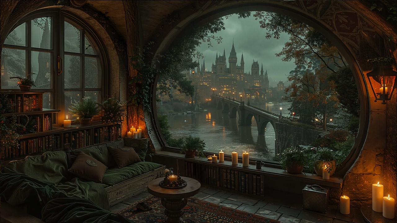 Candlelit Reading Room Overlooking Victorian London | Rainy Night Ambience | Dark Academia Music