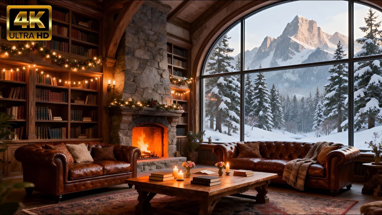 Cozy Winter Jazz in a Lakeside Library ❄️ Relaxing Reading Ambience with Snow & Fireplace Glow