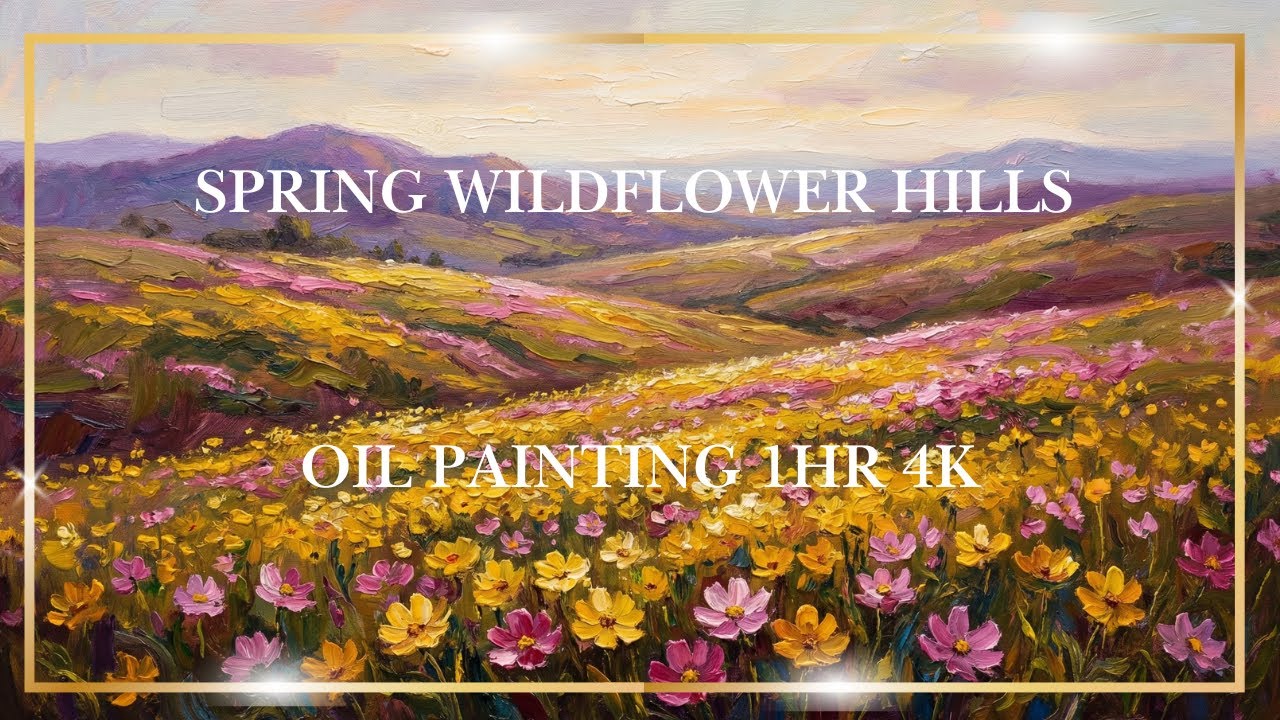 Spring Wildflower Hills Oil Painting 4K (1HR) – Pink & Golden Meadow | Relaxing TV Art