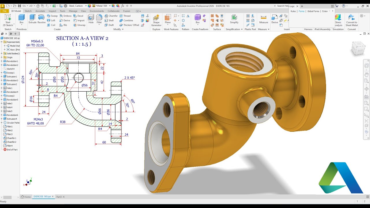 Autodesk Inventor Design Supply Body EXERCISE 165