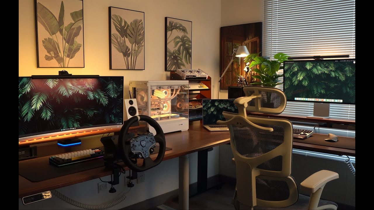 颇有品位的你 ，一定抗拒不了这套桌面！双系统双功能L型桌搭，游戏区&办公区。胡桃木桌搭1.5
