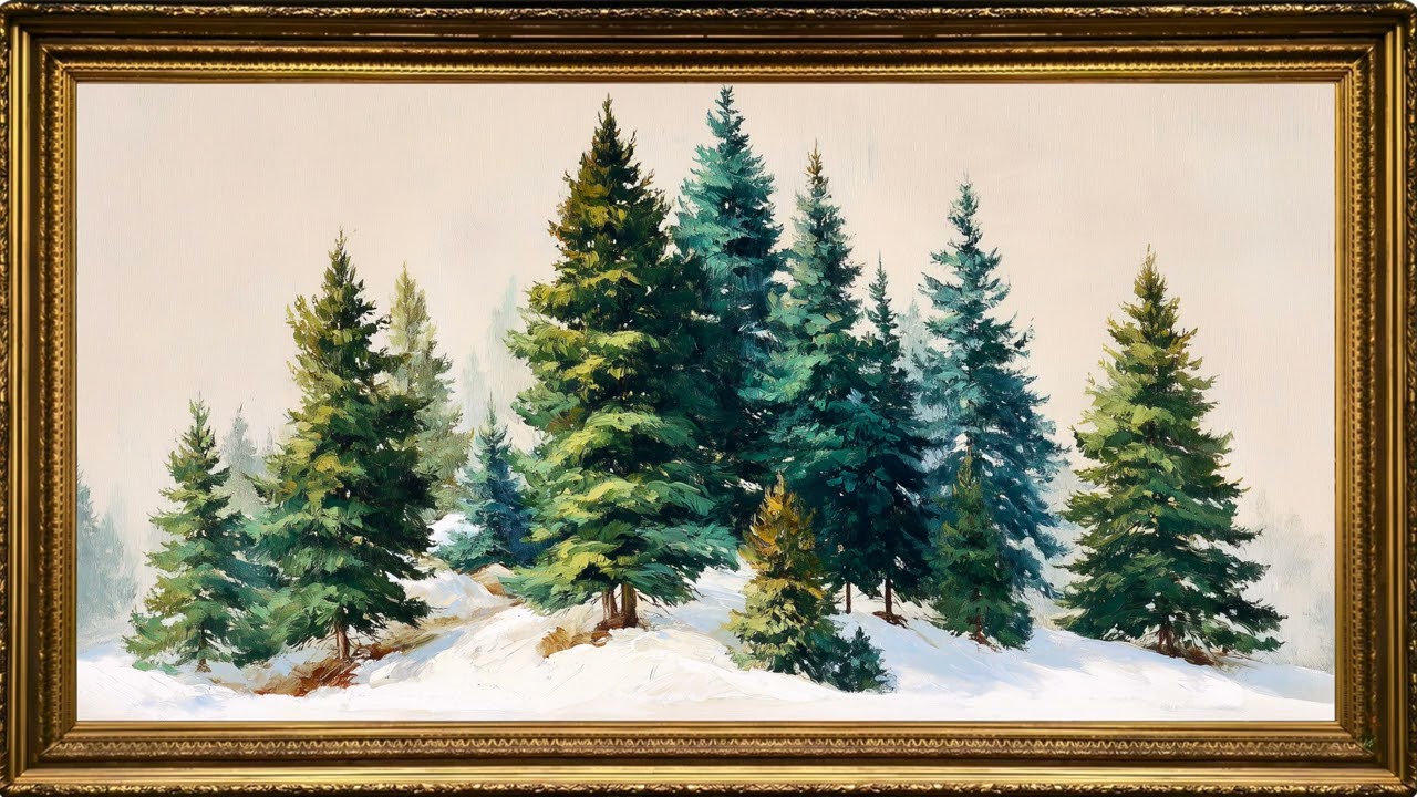 Vintage Winter Evergreen Frame TV Art | Snowy Mountain Ambience | Gold Frame TV Art Screensaver 4K