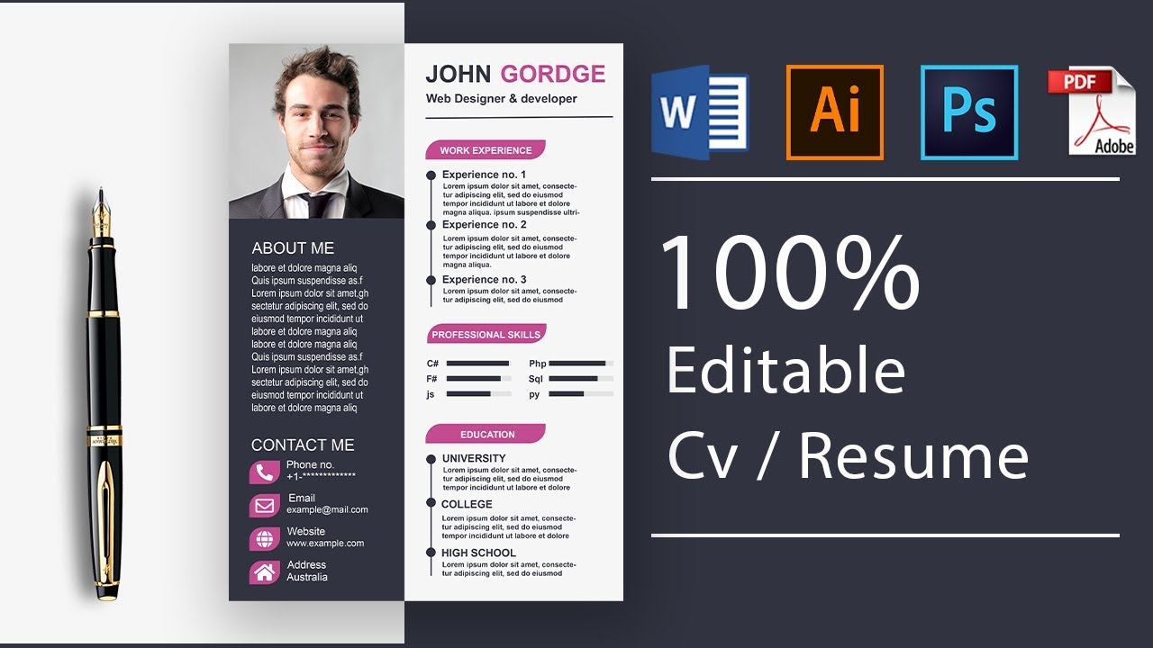 CV/Resume template Design tutorial with Adobe Photoshop free PSD+Ai+Doc+PDF