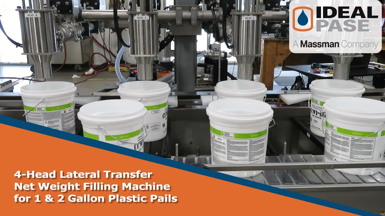 The IDEAL PASE 4-Head Lateral Transfer Net Weight Filling Machine for 1 & 2 Gallon Plastic Pails