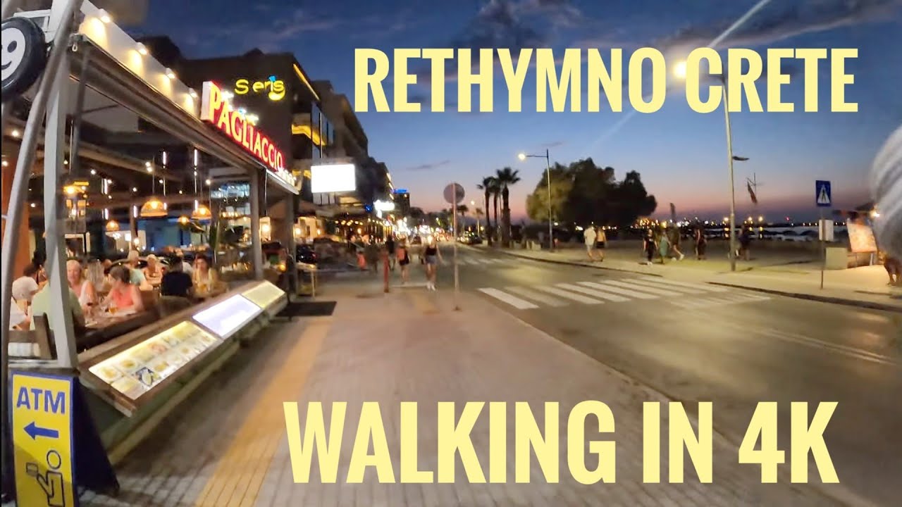 Rethymno Crete, walking by the sea and restaurants in 4K