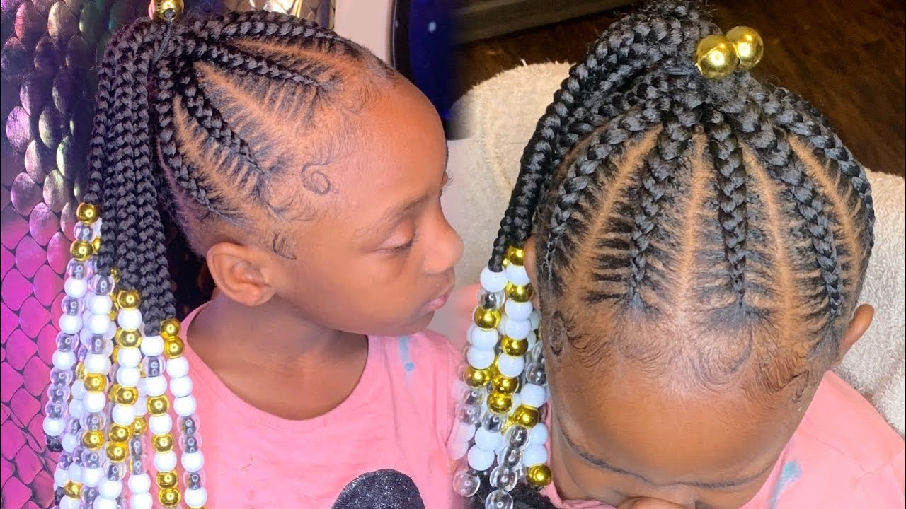 STITCH FEEDIN PONYTAIL WITH BEADS |  KIDS BRAID STYLES