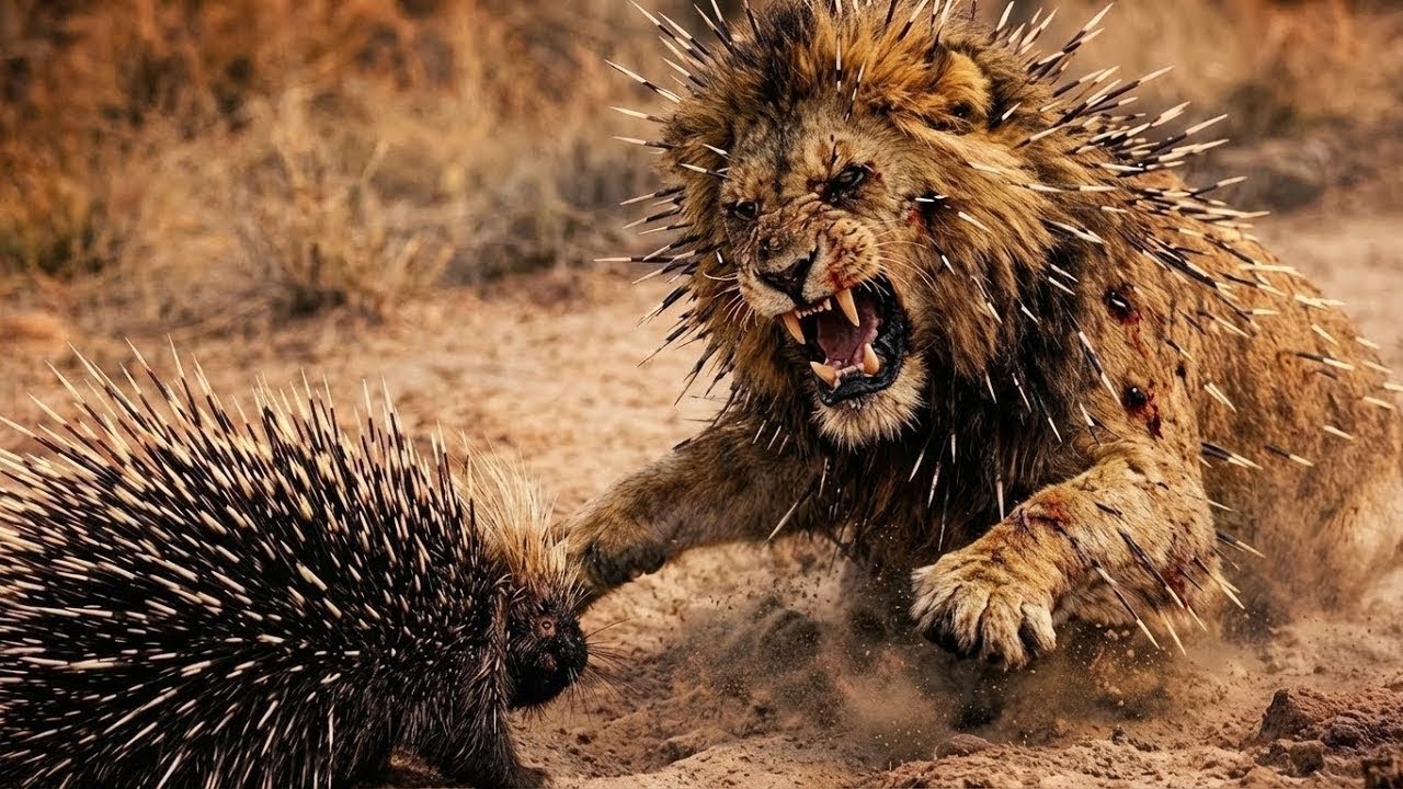 Starving Lion vs Porcupine &ndash; A Desperate Battle for Survival in the African Savanna