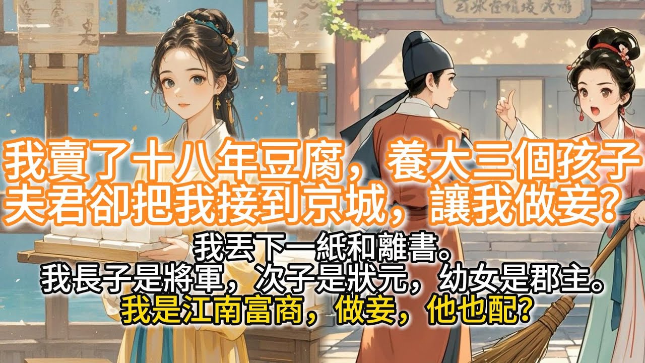 完結搞笑打臉爽文：我賣了十八年豆腐，養大三個孩子，夫君卻把我接到京城，讓我做妾。我丟下一紙和離書。 我長子是將軍，次子是狀元，幼女是郡主。 我是江南富商，做妾，他也配？