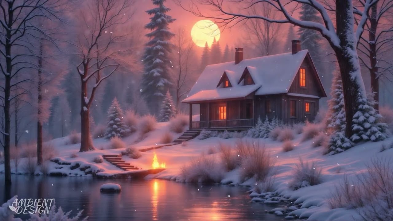 [Ambient Design] Fireside Winter Cabin ☕ Gentle River Sounds for Deep Sleep & Relaxation