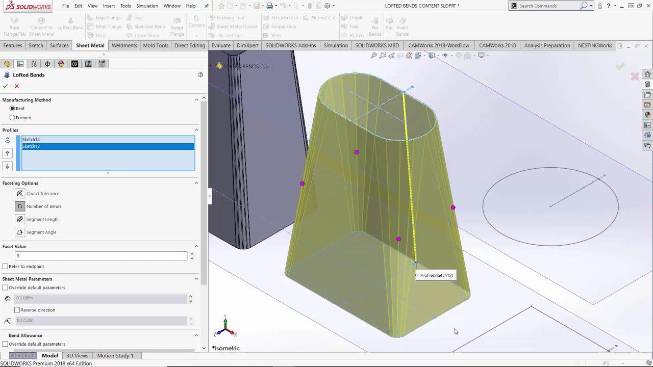 SOLIDWORKS — элемент лофт-изгиба
