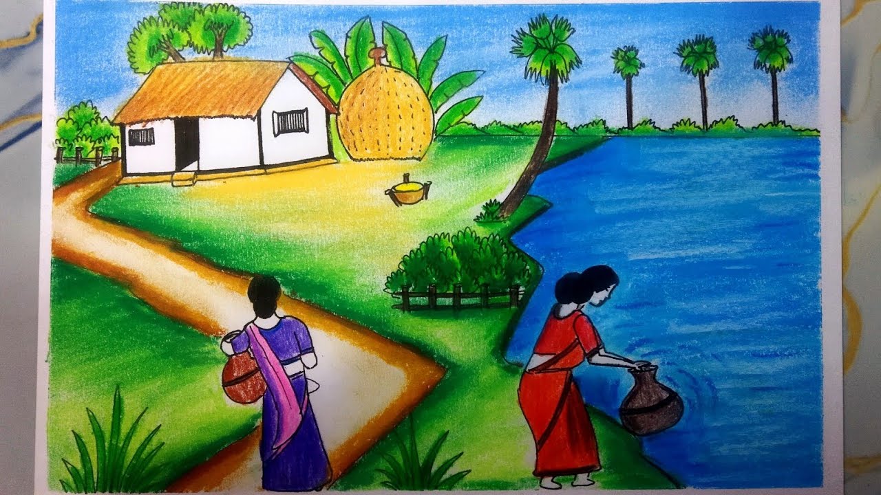 The scenery of village women collects water from the river step by step.