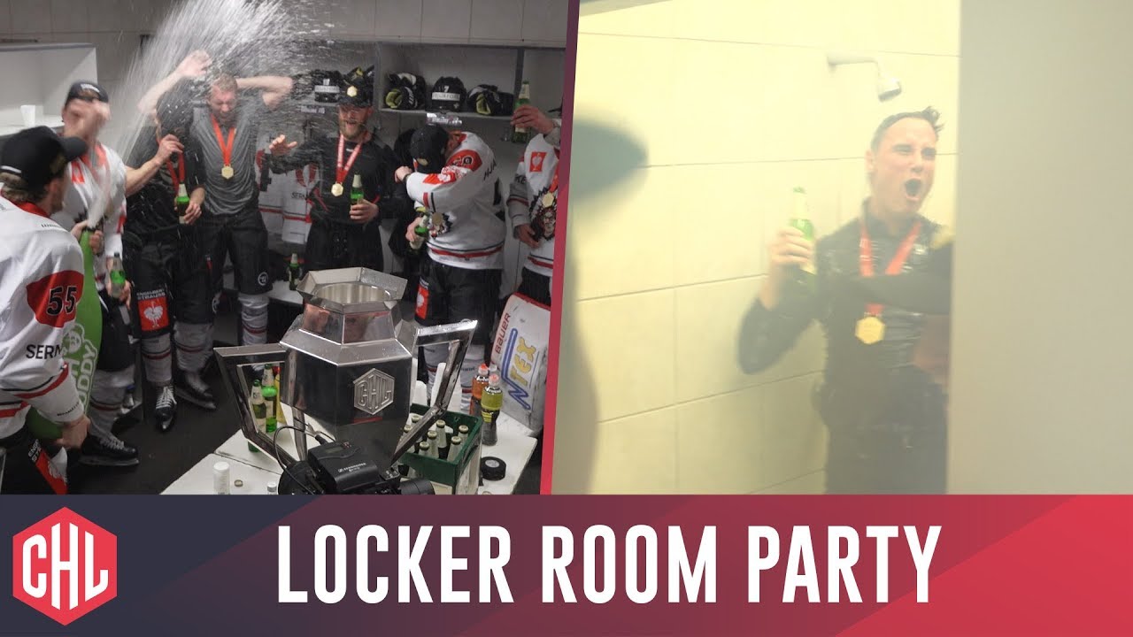Locker room party & a shower for coach Roger Rönnerg