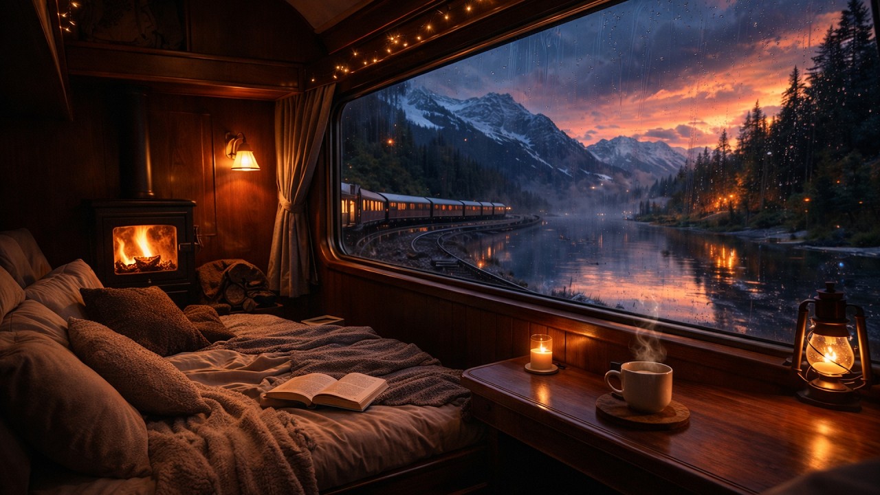 Sleep by the Fireplace on a Rainy Train Journey | Peaceful Night Sounds
