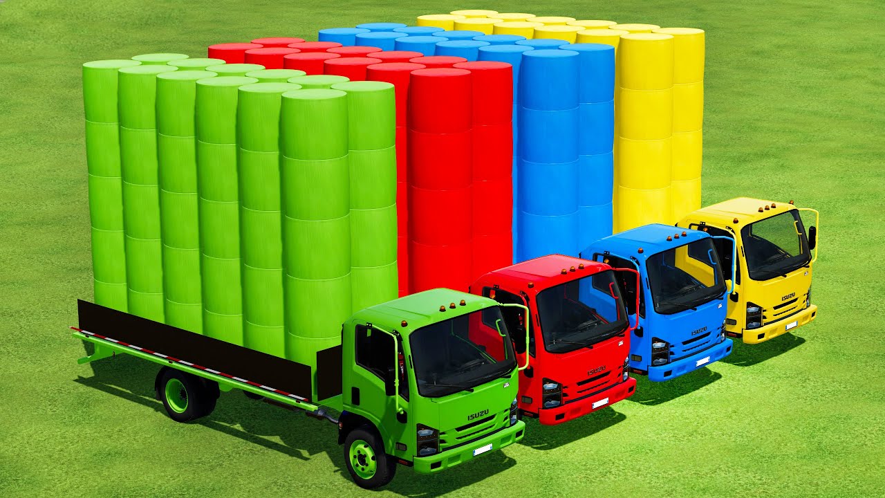 TRANSPORT AND LOAD COLORED BALES WITH COLORED ISUZU TRUCKS - Farming Simulator 22