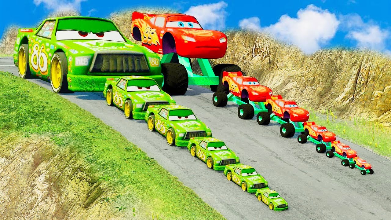 Big & Small Lightning McQueen Monster Wheels vs Pixar Cars with Big Wheels in BeamNG Drive #43