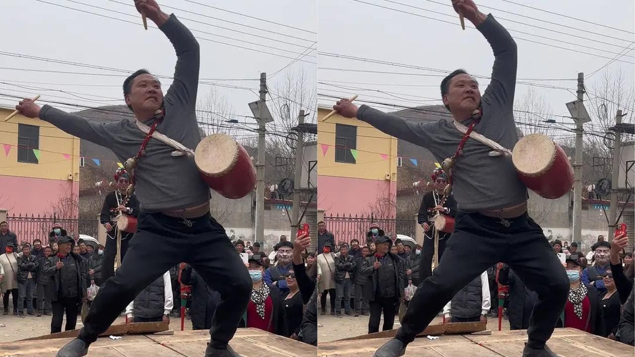 徐水德山高跷会 佟会长打鼓精彩瞬间 二月龙抬头 德山高跷在申庄庙会演出 #台上一分钟台下十年功 #民俗文化 #中华文化 #非物质文化 #现场实拍