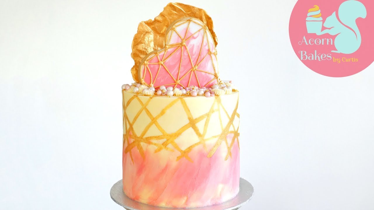 PINK & GOLD GEOMETRIC HEART DESIGN CAKE | Cake Tutorial | Acorn Bakes