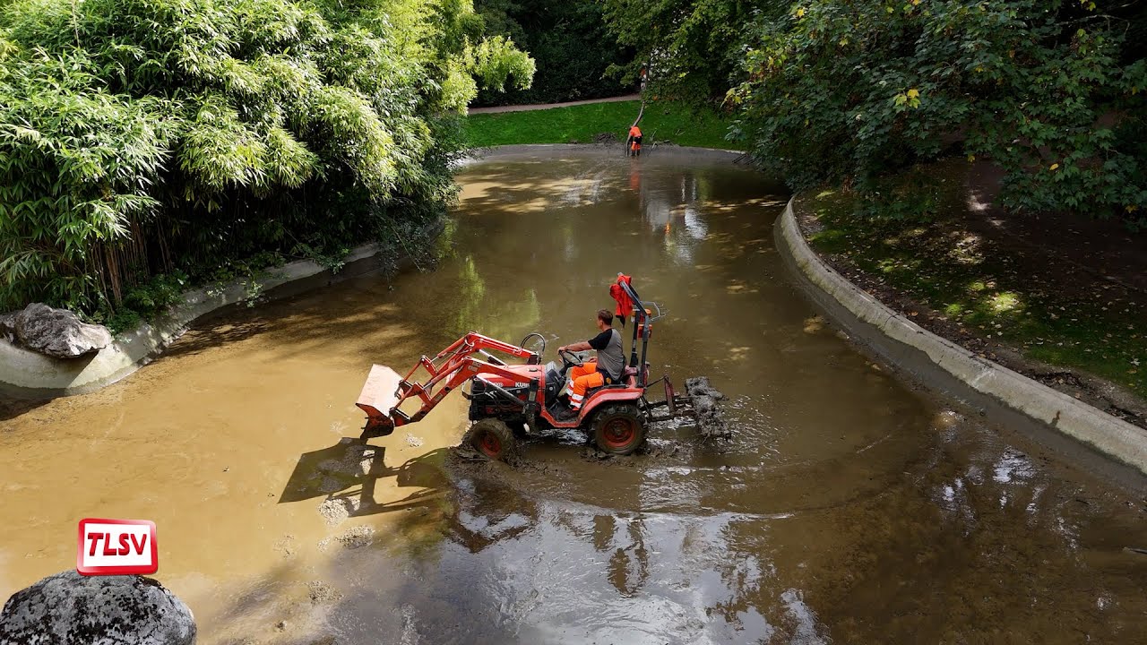 Luçon. Jardin Dumaine : travaux d'étanchéité au grand bassin