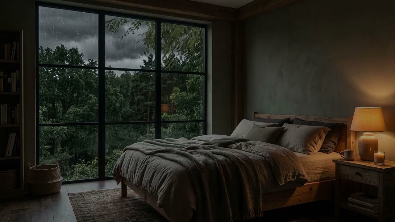 Gentle Forest Rain 🌦️ Drifting Past A Cozy Bedroom Window While Tall Pines 🌲 Fade Into Mist