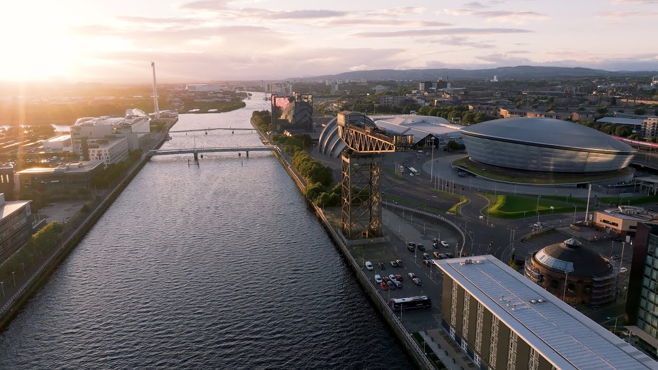 Glasgow sunset of River Clyde and City Centre by Drone in Scotland  |  AO Aerials cinematography