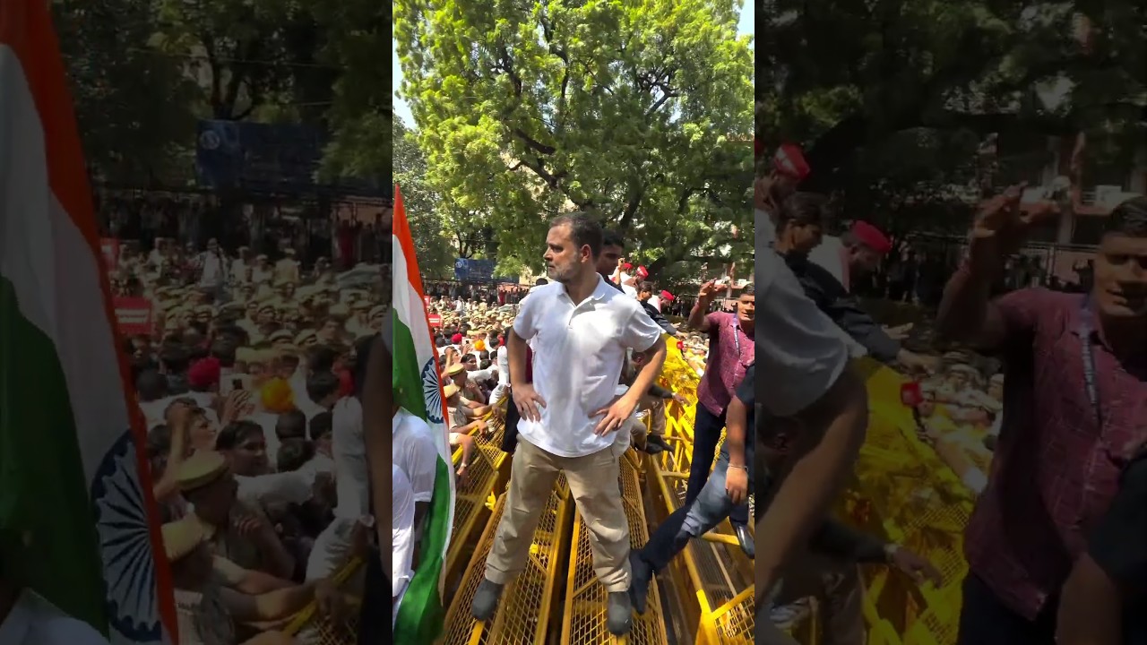 Rahul Gandhi climbs barricade, waves tricolour during march to ECI | V6 News