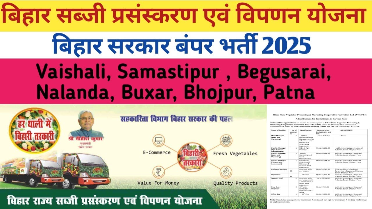 बिहार सब्जी प्रसंस्करण एवं विपणन योजना भर्ती 2025। Bihar State Vegetable Processing Vacancy । VEGFED