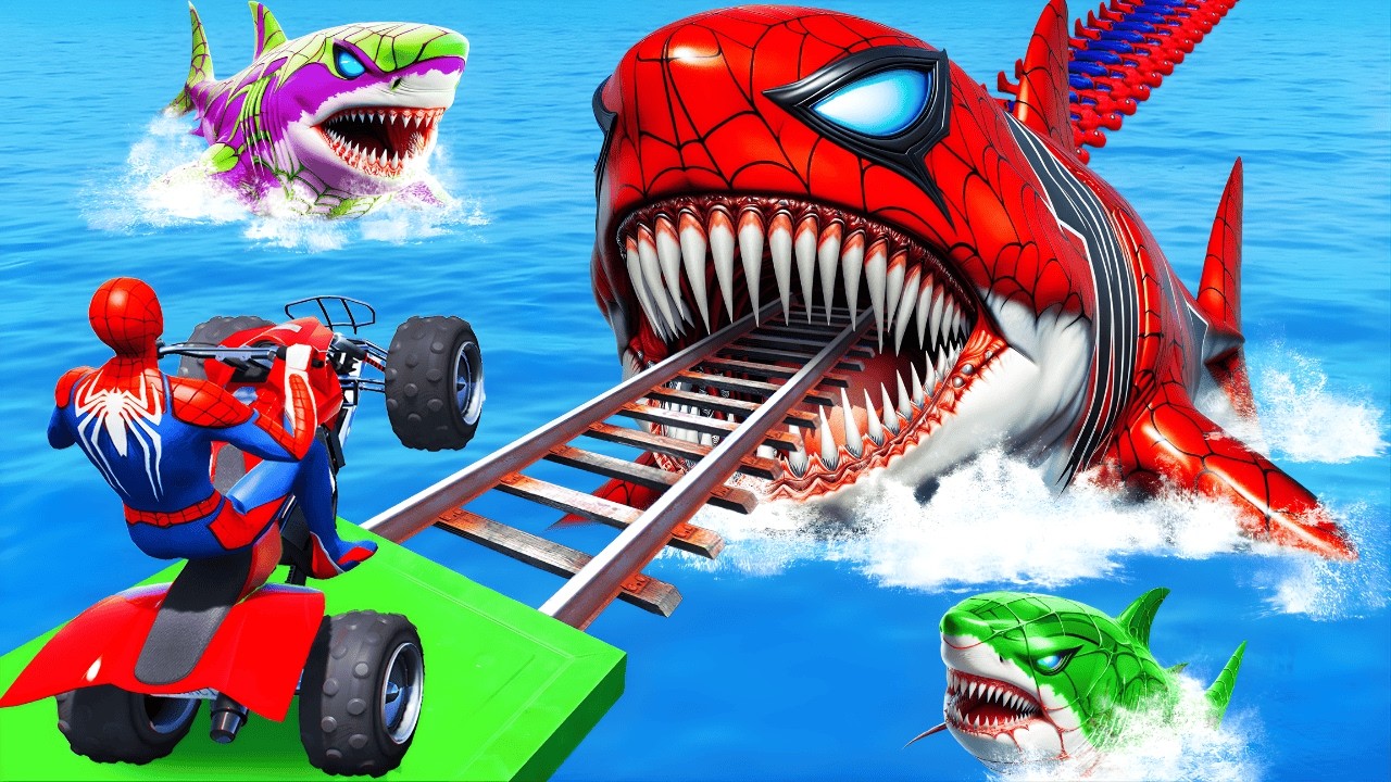 SUPERHEROES Ride A Motorcycle Over The Sea Along Spidey Bridge in GTA 5 Spider-Man Funny Games