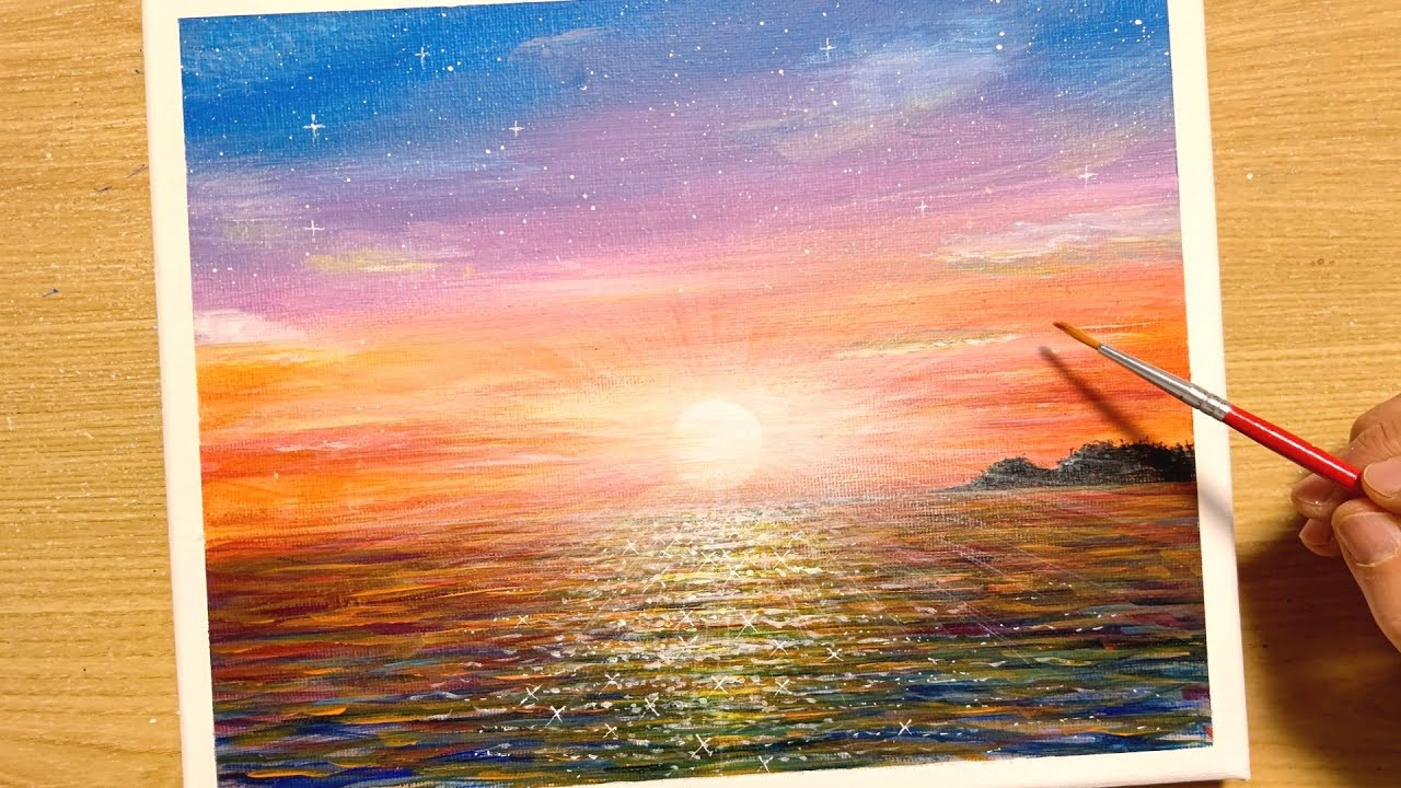 アクリル絵の具で【夕焼けの海】の描き方/初心者のための簡単なアクリル画/Step by step