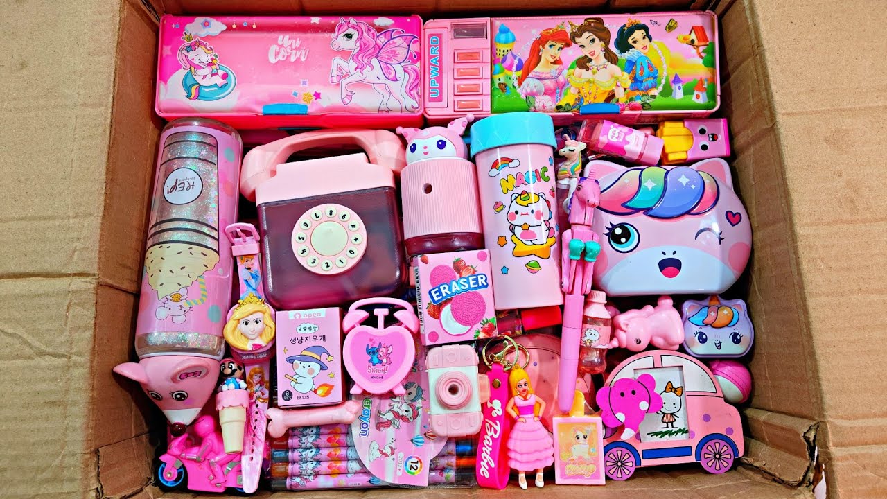 Unboxing Surprise Pink Stationery 📚, Erasner, Pencil Case, Sipper bottle, Piggy bank, Crayons, Pouch