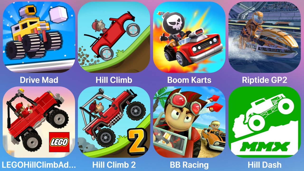 Drive Mad, Hill Climb, Boom Karts, Riptide GP2, LEGO Hill Climb, Hill Climb 2, BB Racing, Hill Dash