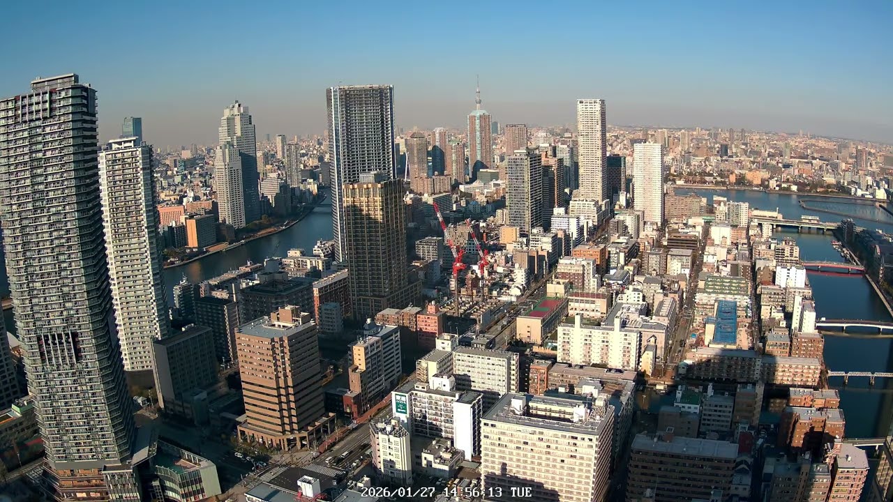 4K Tokyo Skytree View East | 隅田川 ライブカメラ | Camera 3 | 2026-01-27, 16:50