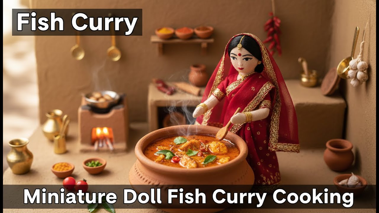 Miniature Doll Fish Curry Cooking ASMR | Indian Village Tiny Kitchen Recipe