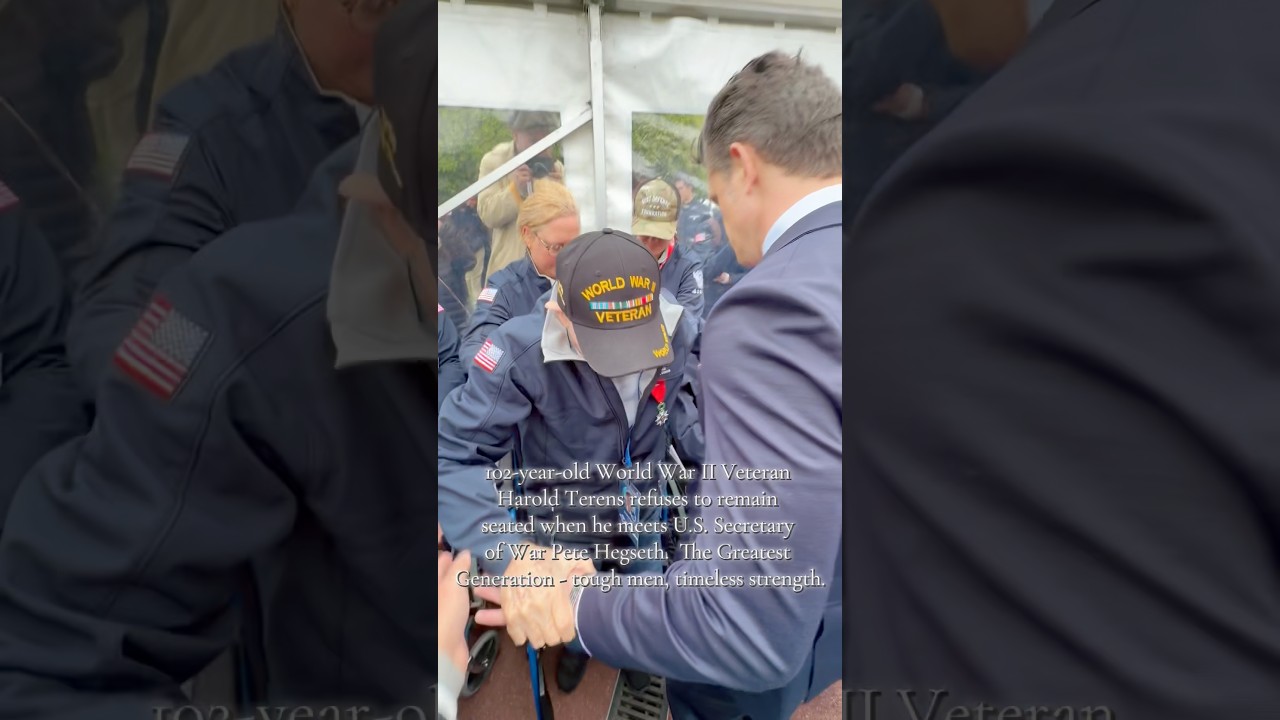 102-year-old WW II Veteran Harold Terens refuses to remain seated when he meets Pete Hegseth. #hero