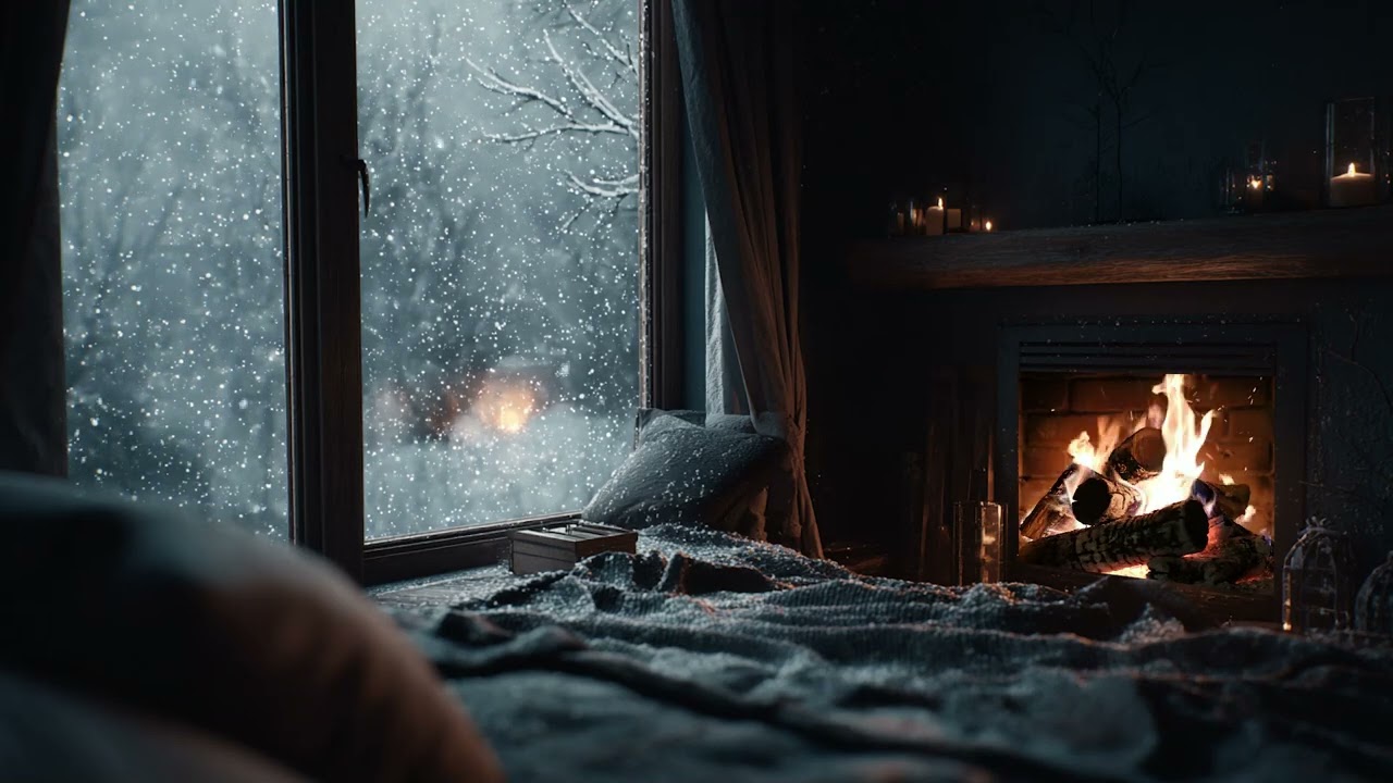 Cozy Fireplace & Gentle Snowfall ❄️ Calm Winter Night for Sleep