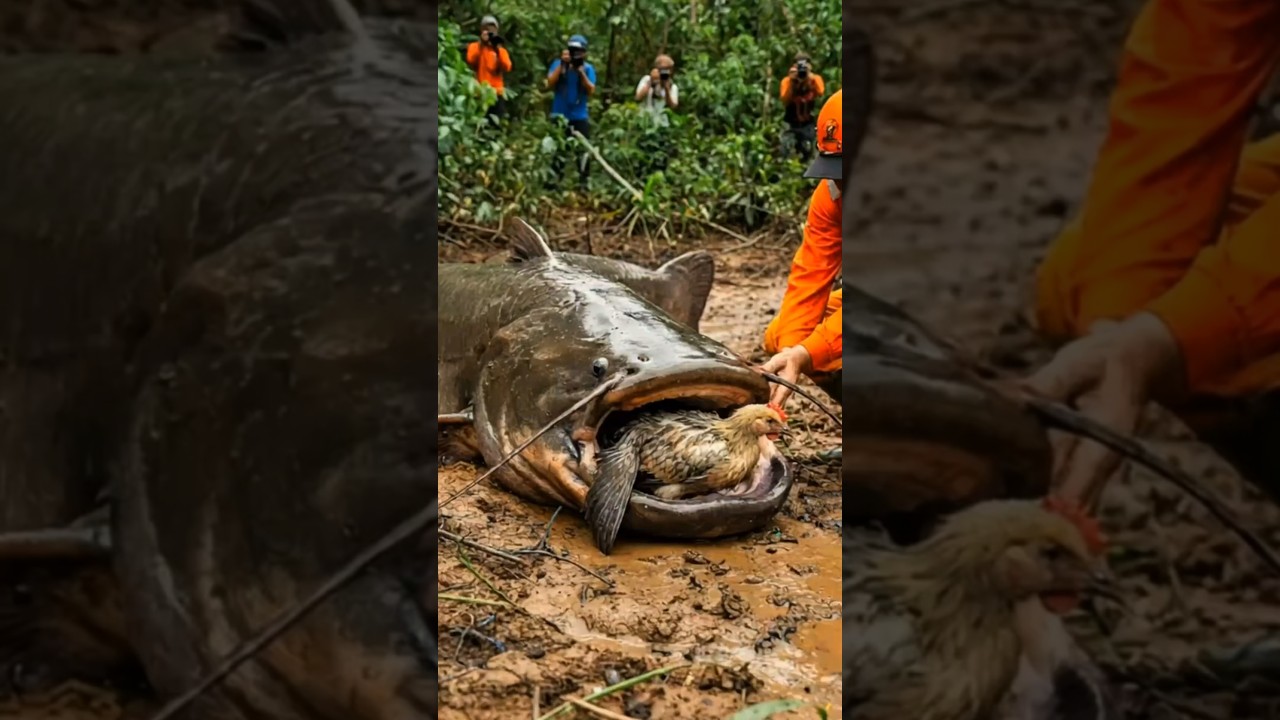 Brave Rescue: Chicken Saved from Giant Catfish! #animalrescue #rescueefforts #hen
