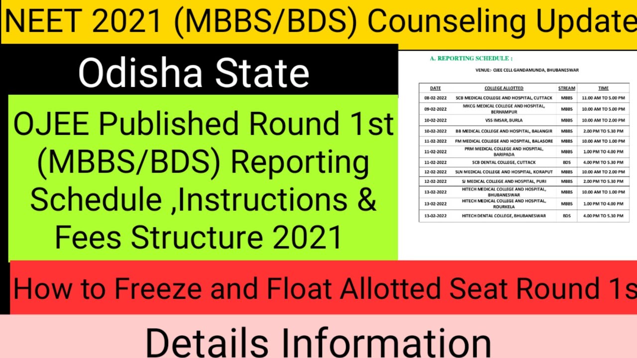 NEET 2021||OJEE Published Round 1st (MBBS/ BDS) Reporting Schedule ,Instructions & Fees Structure.