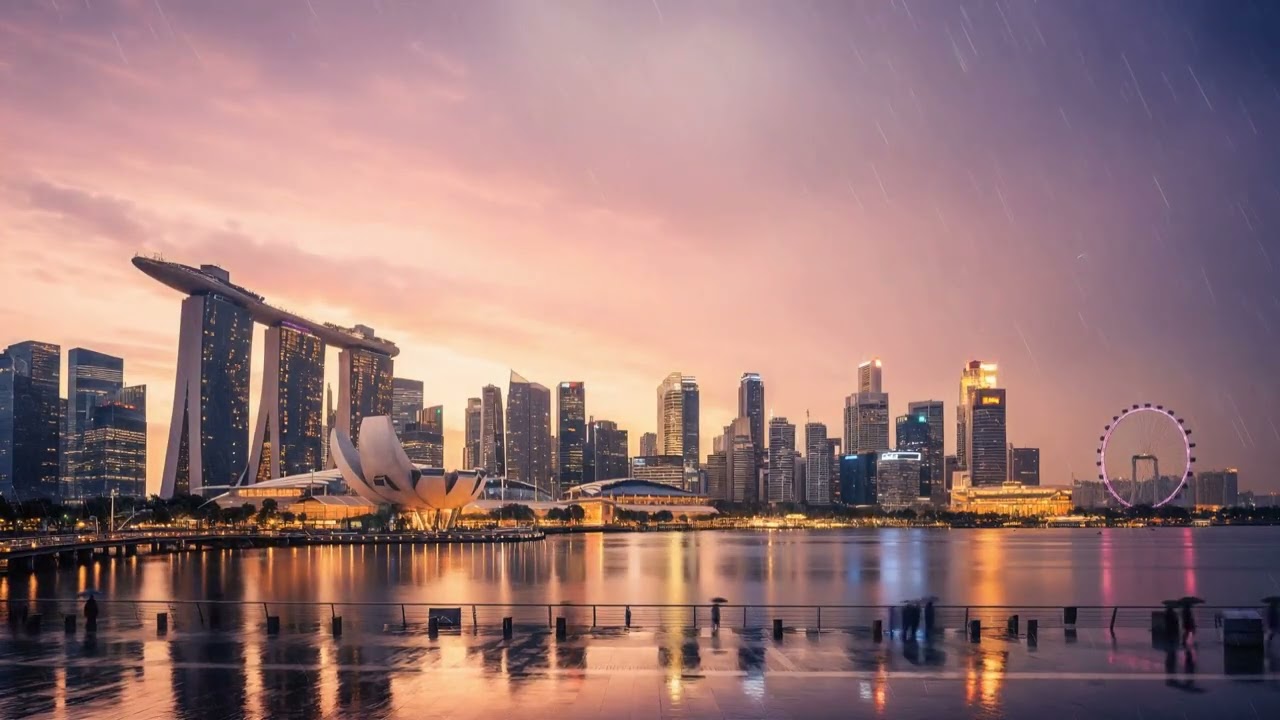 Singapore – Warm Rain Over Marina Skyline | Waterfront Storm Ambience 🌧️🌃