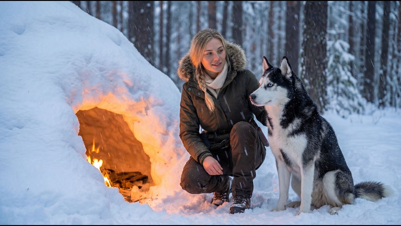 Solo Girl Builds Underground Snow Shelter in Blizzard — Surviving with My Husky — ASMR No Talking