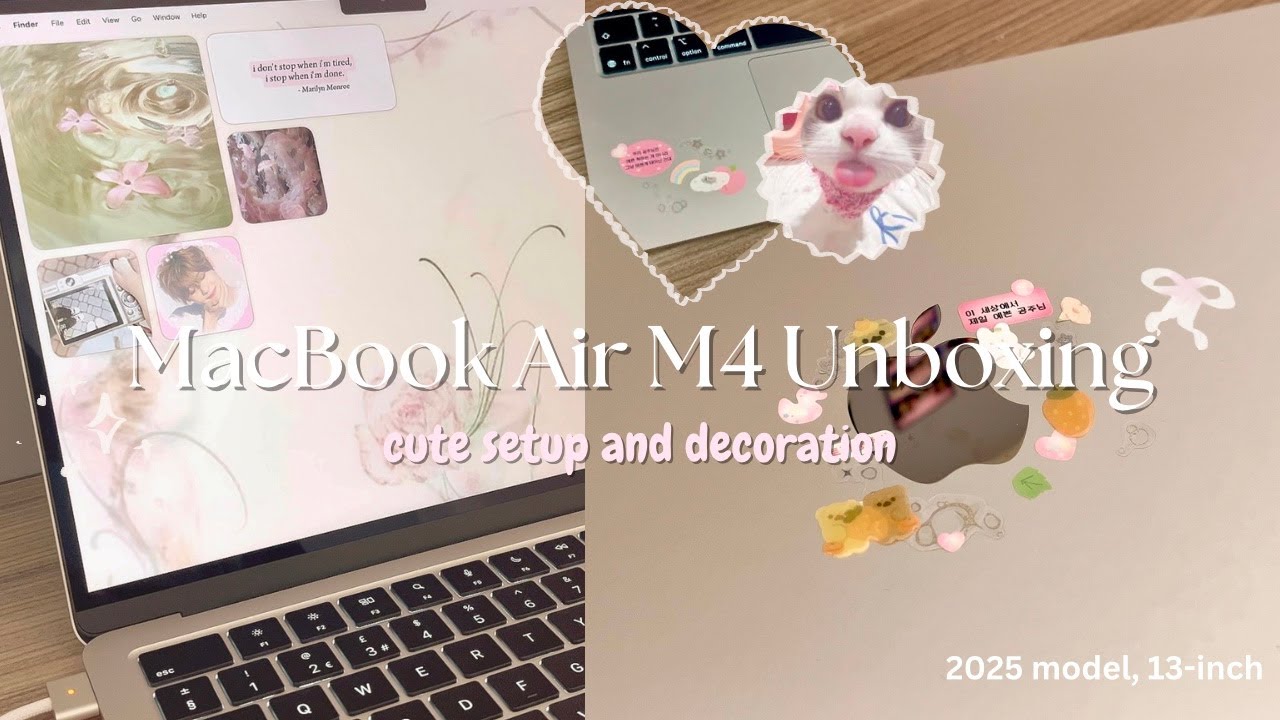 MacBook Air M4 UNBOXING ₊˚💻☁️🎧‧₊˚ Aesthetic widget and desktop setup, CUTE Sticker decorating