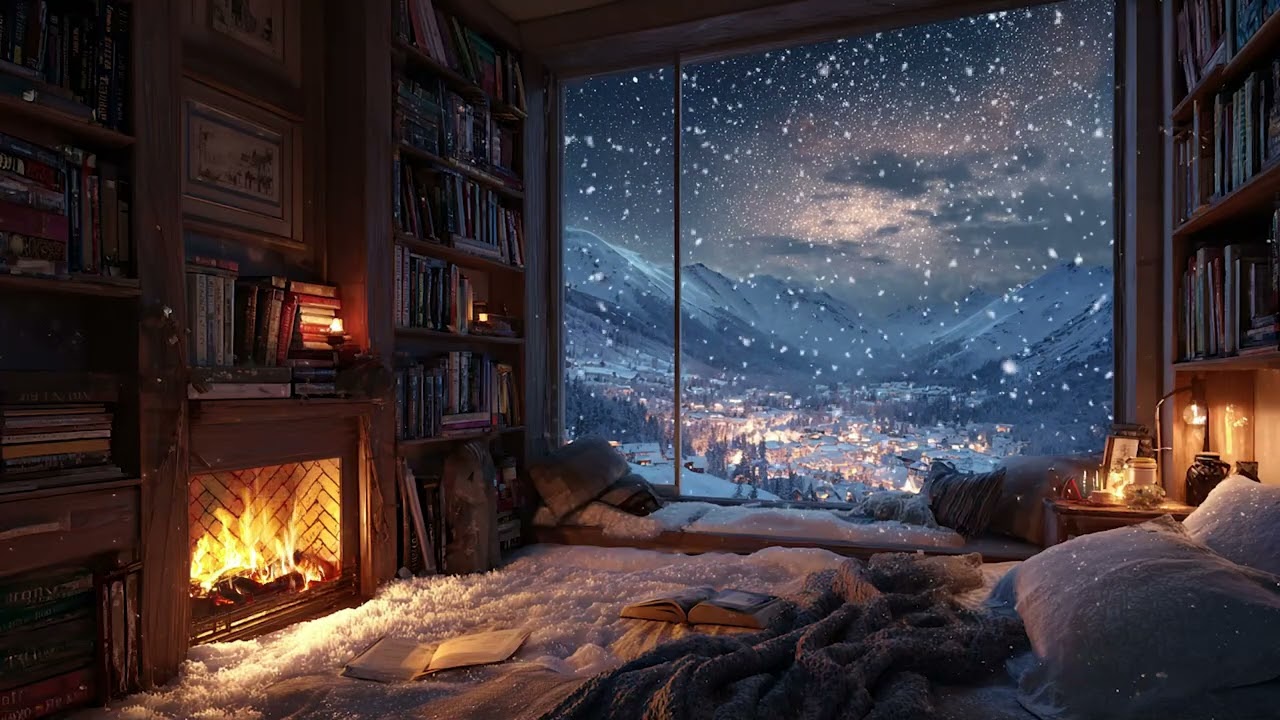 Serene Cabin Night in Winter | Fireplace Warmth and Snowfall for Restful Sleep