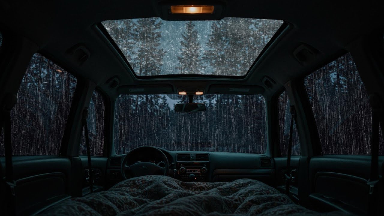 Rain Sounds & Thunder on Cozy Car ⛈ Deep Sleep ASMR, Peaceful Ambience, Meditation & Stress Relief