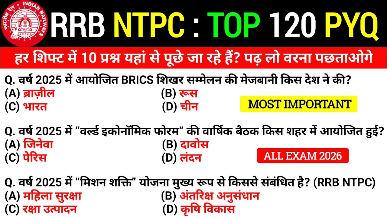 RRB NTPC 2026 | NTPC Current Affairs 2026 | Best 1000 MCQs | Current Affair For RRB NTPC 2026 #ntpc 
