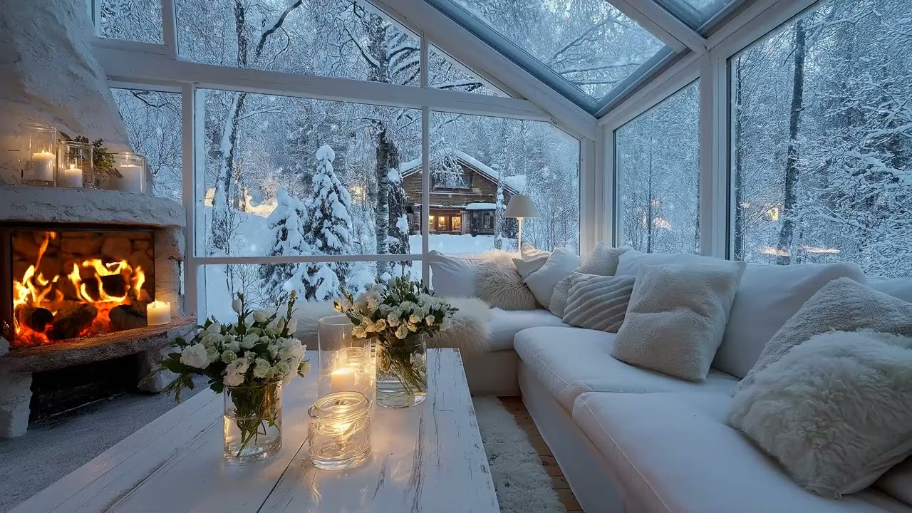 🔥 Winter Fireplace Piano | Elegant Lounge & Snow Outside 5 Hours | Calm Healing Focus Study Sleep