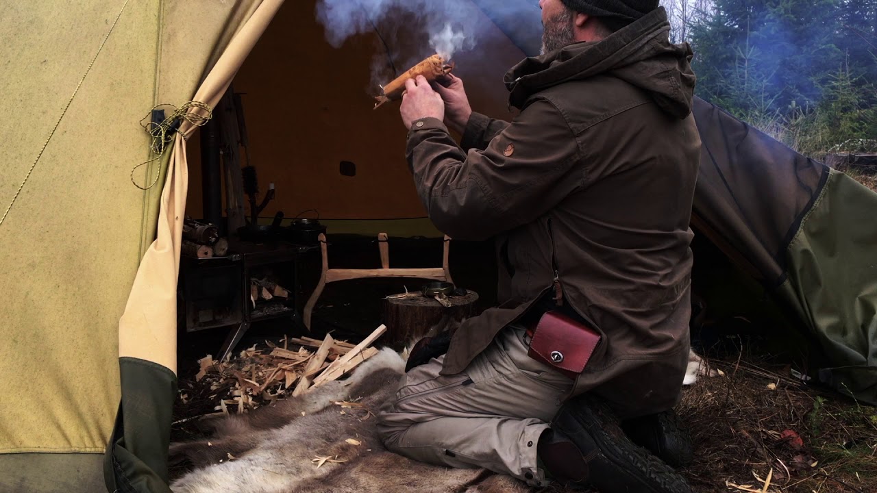 Bushcraft - Wooden Frame Bucksaw, Canvas Tent Camp , Carving Axe, Draw Knife, Wood Stove, Cooking